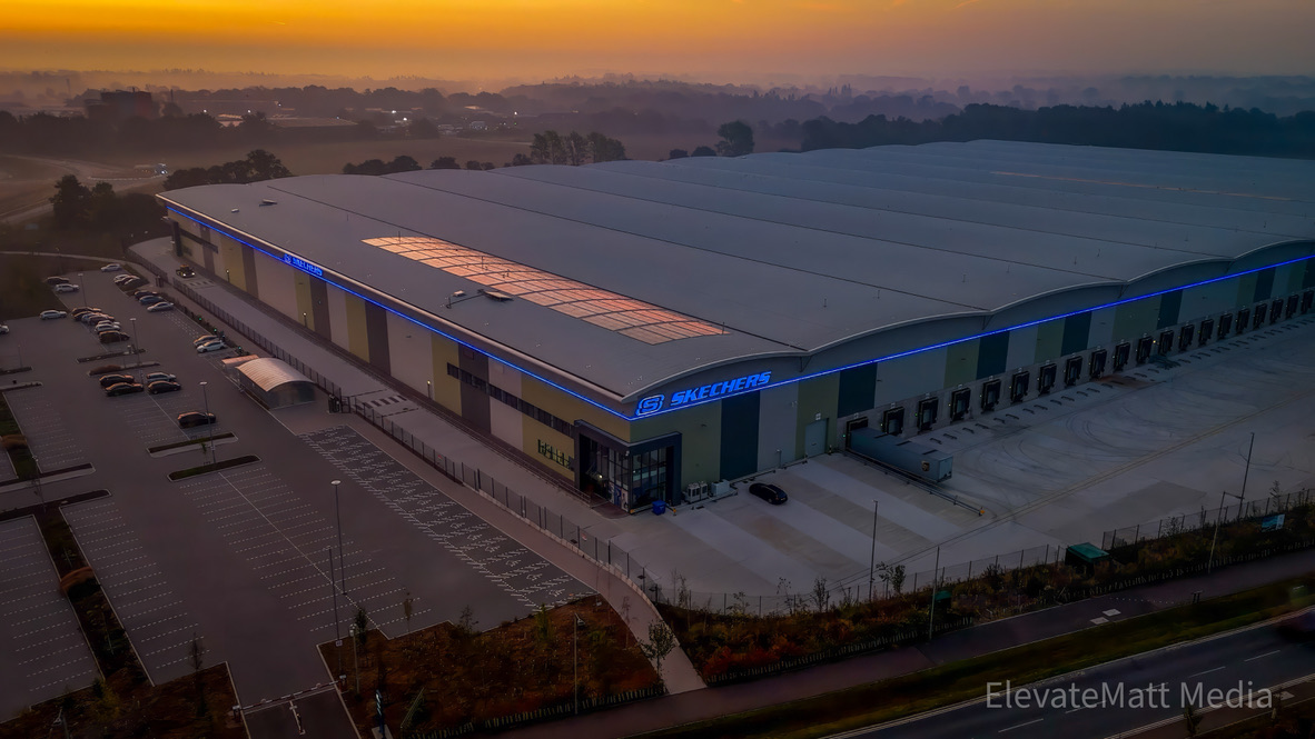 Aerial view of the Skechers UK Distribution Centre at sunset