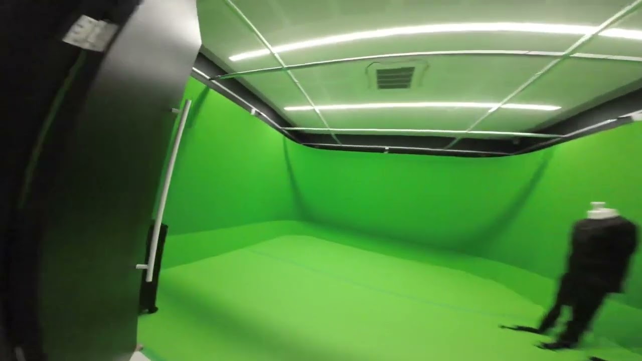 XR Lab green-screen studio during an FPV fly-through
